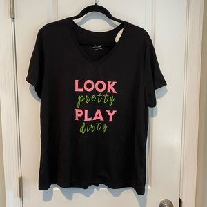 “Look Pretty Play Dirty” Black V-neck T-shirt Homemade 2X Pink Green